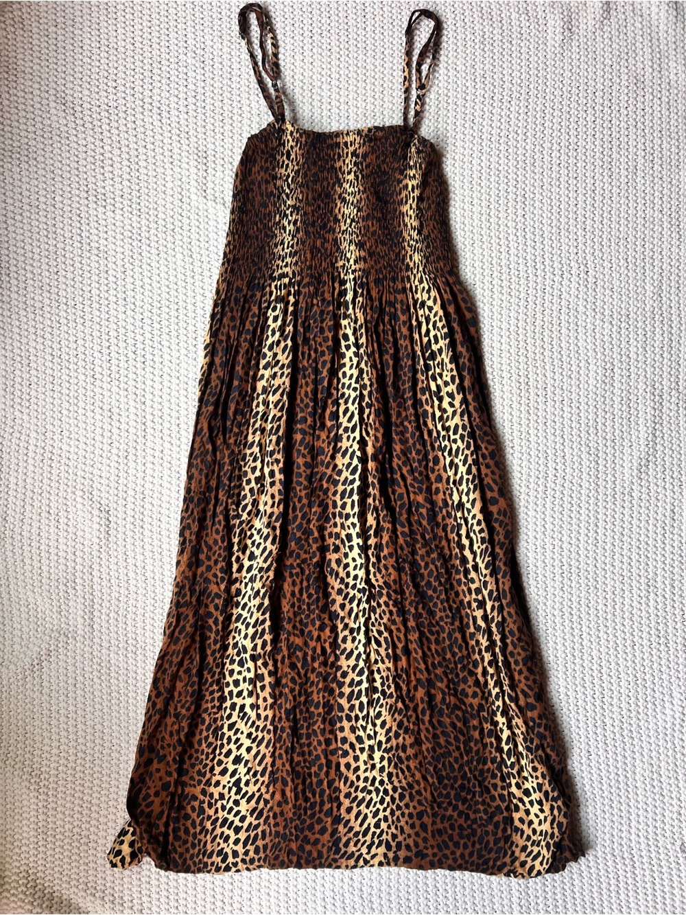 Leopard Animal Print Smocked Brown Midi Dress Summer Straps Stretch One Size